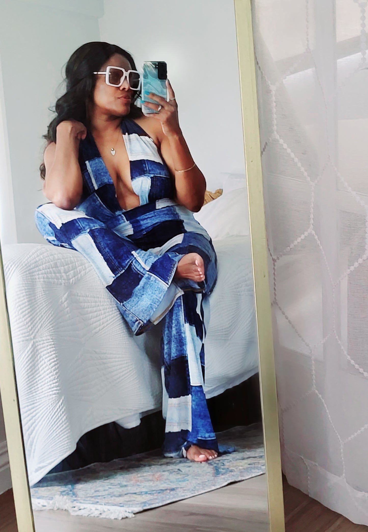 Patchwork Halter Flare Leg Jumpsuit