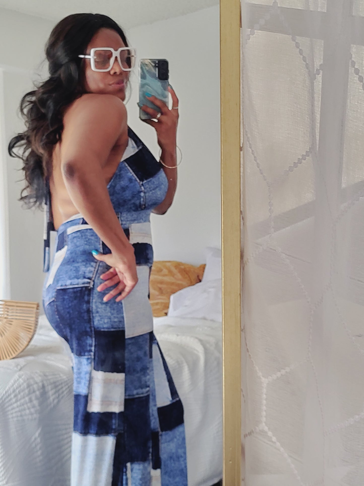 Patchwork Halter Flare Leg Jumpsuit
