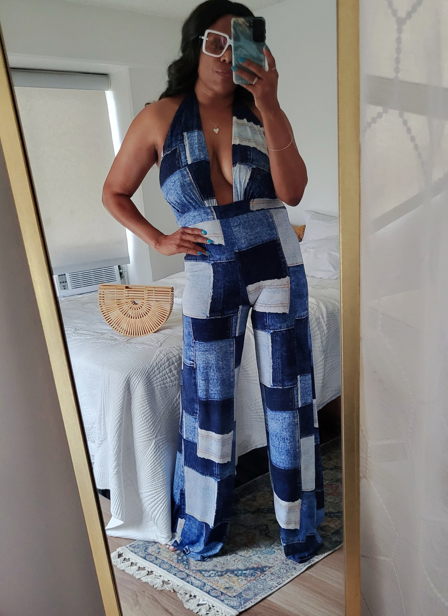 Patchwork Halter Flare Leg Jumpsuit