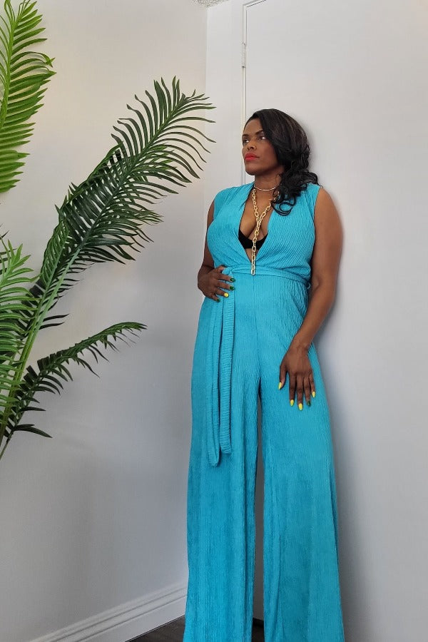 Jumpsuits, Confident Lady Plisse Jumpsuit Turquoise