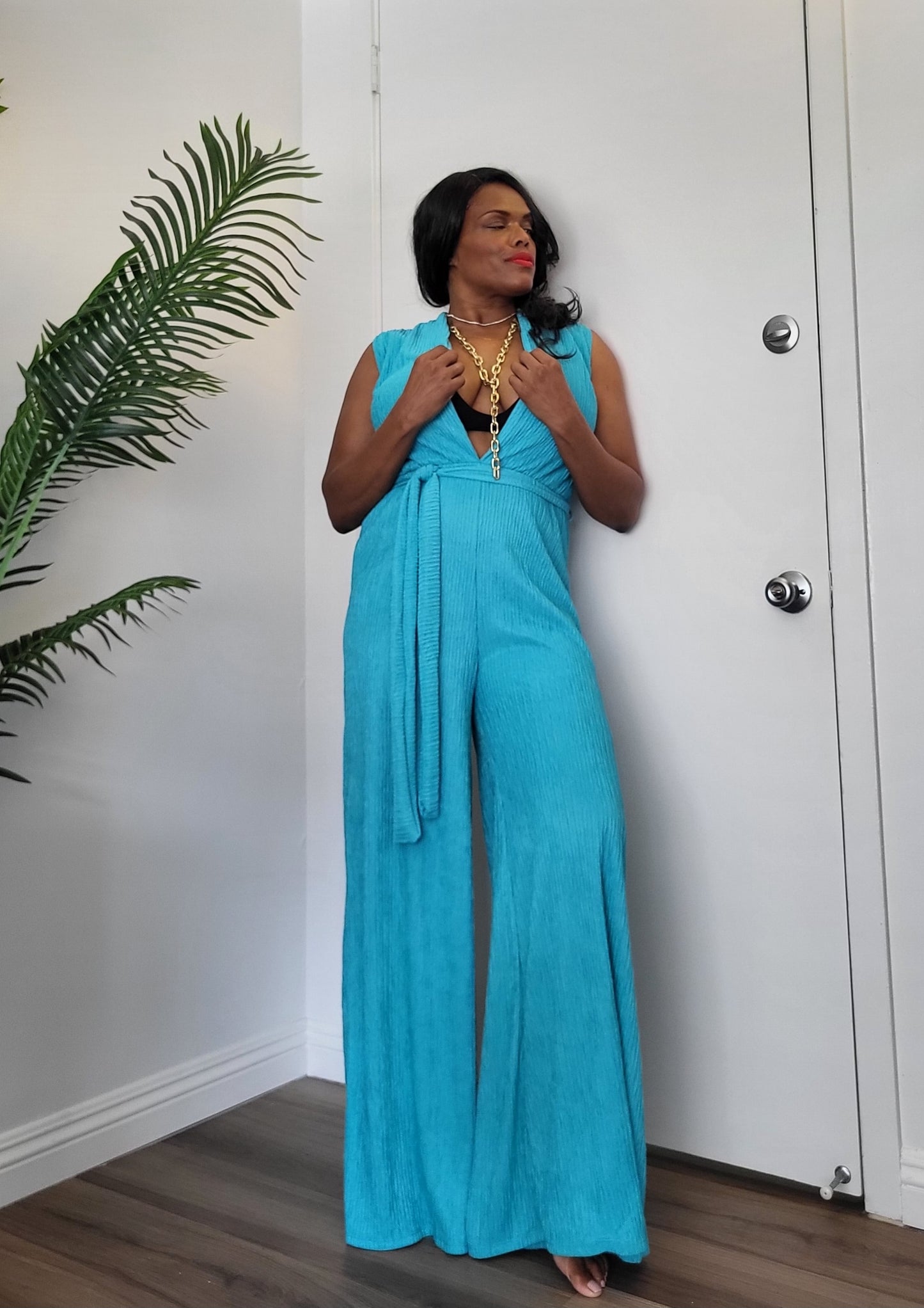 Jumpsuits, Confident Lady Plisse Jumpsuit Turquoise