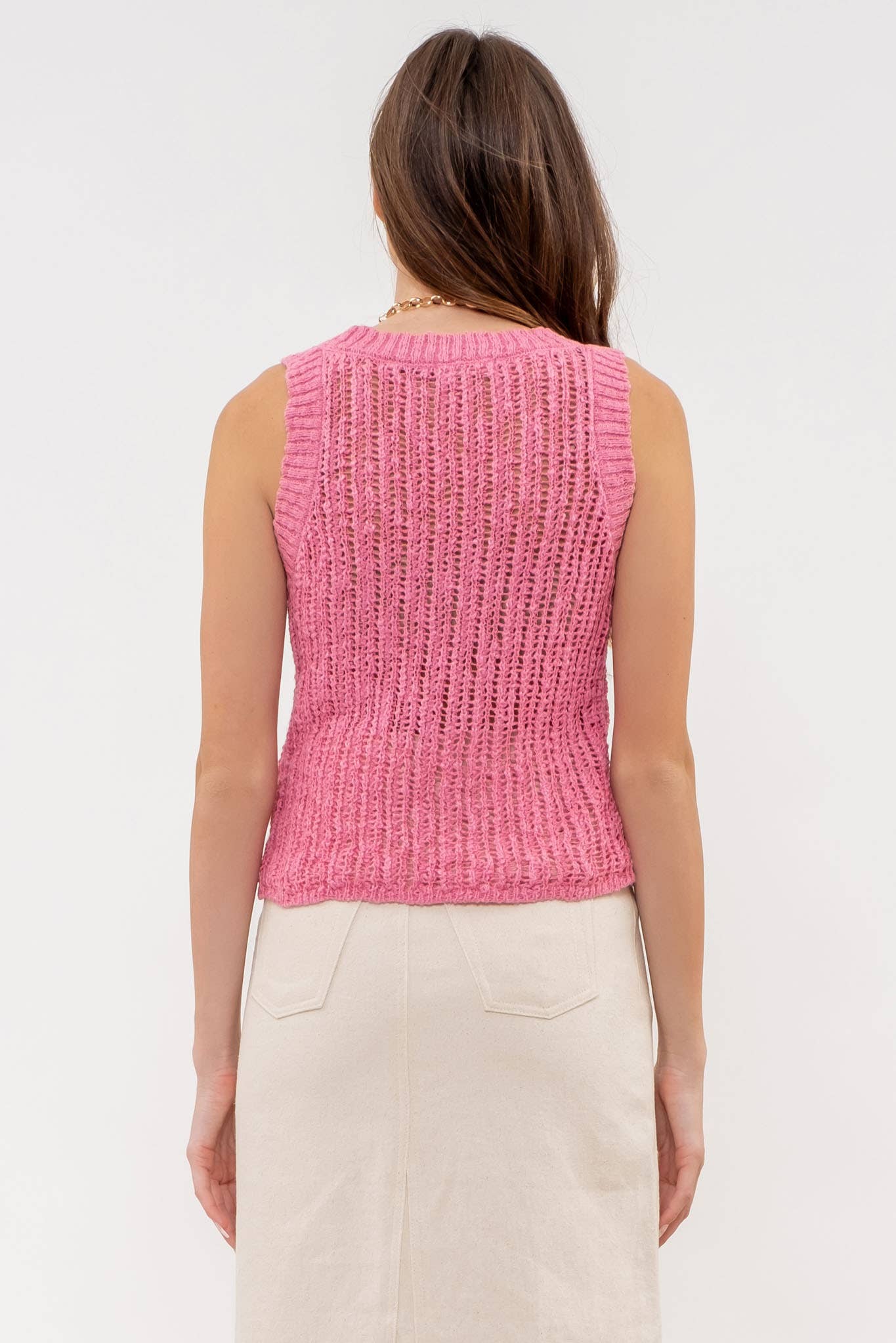SOLID CROCHET KNIT SLEEVELESS TOP: CREAM