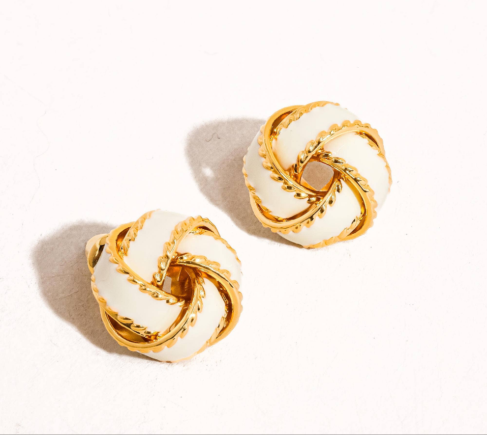 Astor 18K Gold Basket Weaved Ball Studs: Ivory