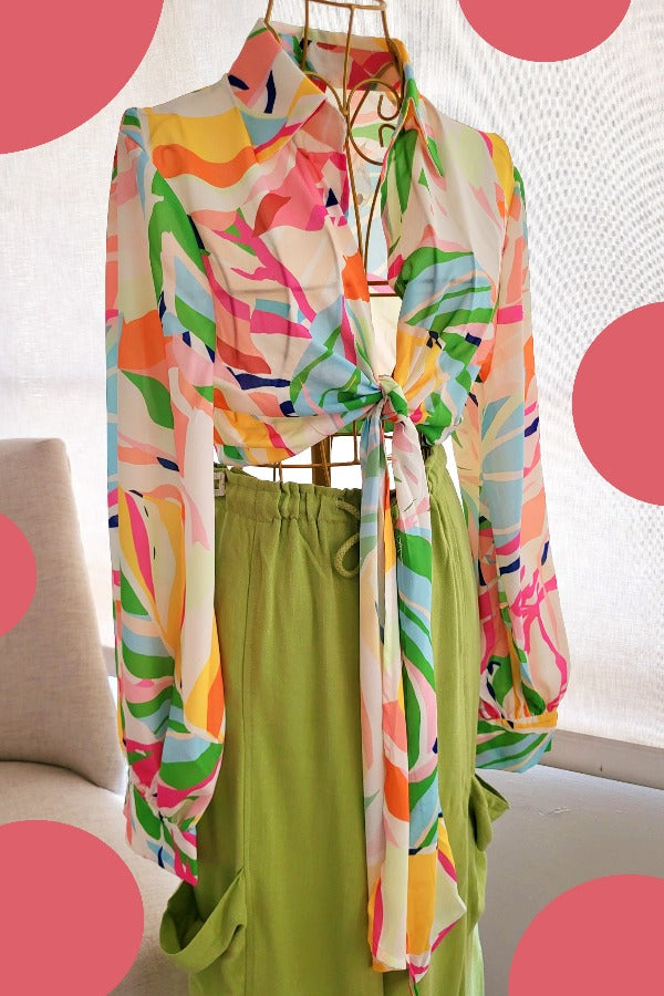 Mina Abstract Print Tie Front Top