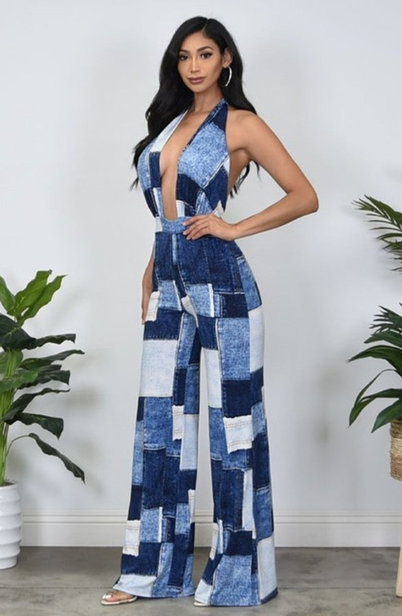Patchwork Halter Flare Leg Jumpsuit