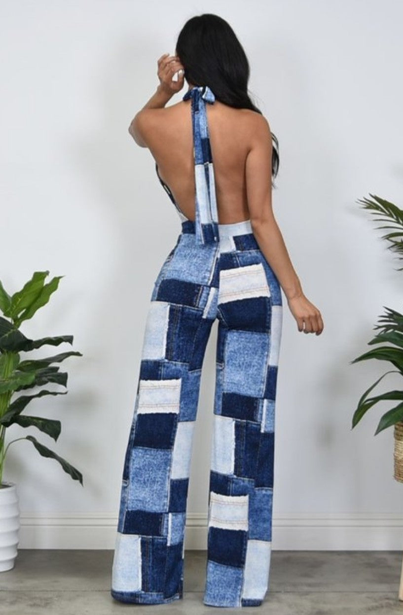 Patchwork Halter Flare Leg Jumpsuit