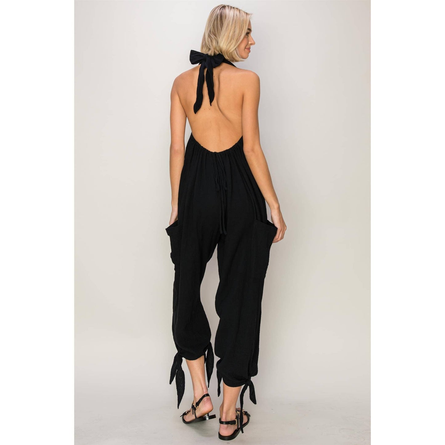 Blake V Neck Gauze Halter Jumpsuit, Women's Jumpsuits, Black Jumpsuit, Spring Clothing, Shop Yen US