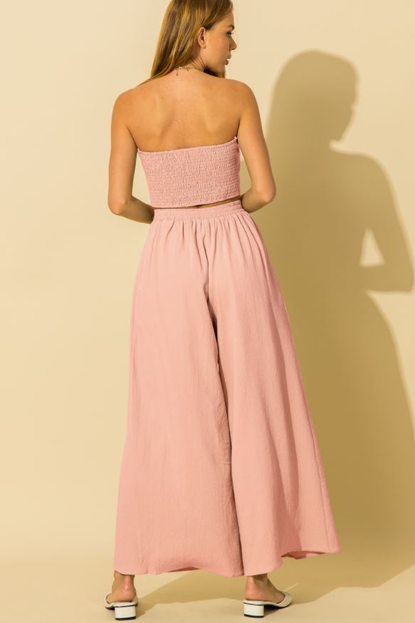 Front Tie Smocked Tube with Wide Leg Pant sets Yen Store US