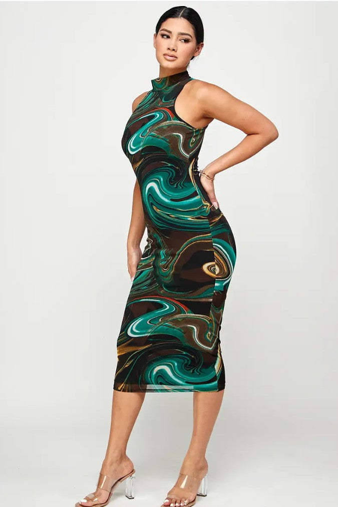 a woman in a green dress on a surfboard