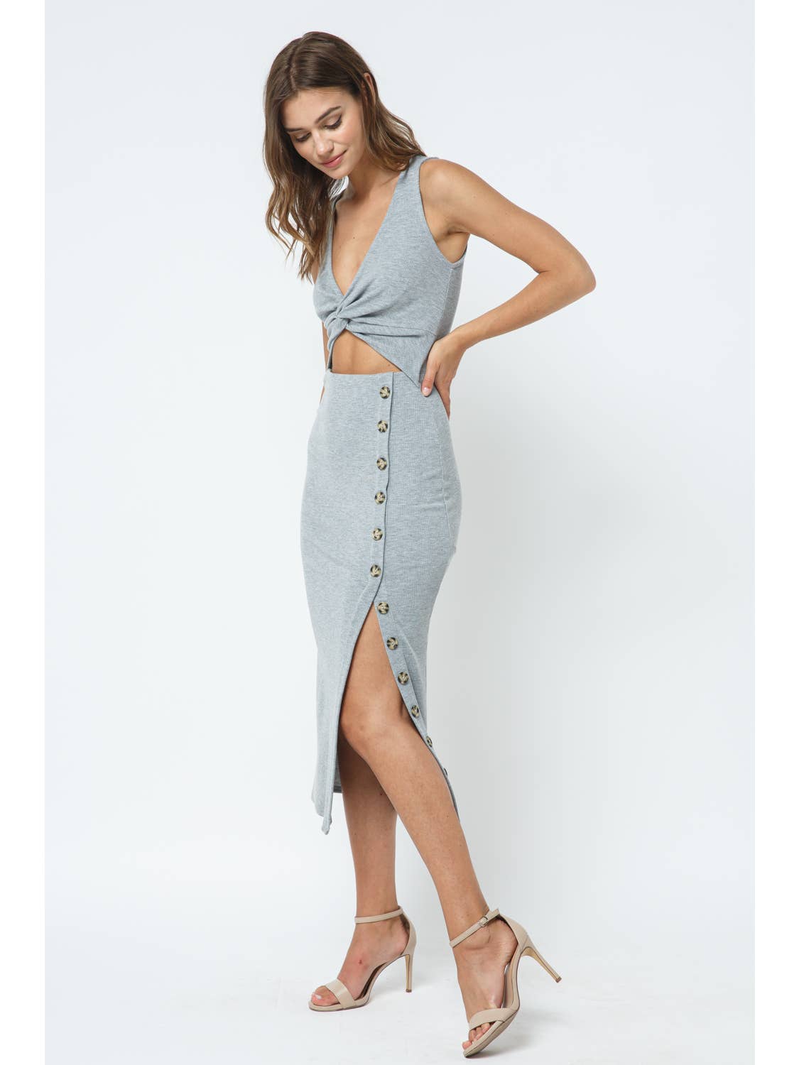 Kendra Twist Front Ribbed Midi Dress