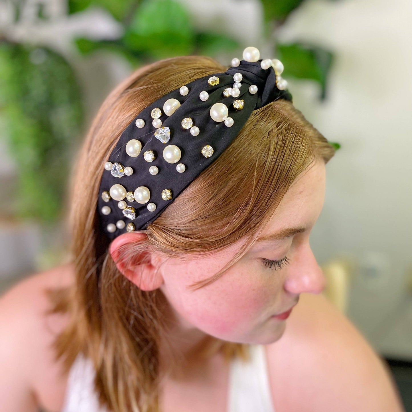 Winslet Jeweled Satin Headband Black