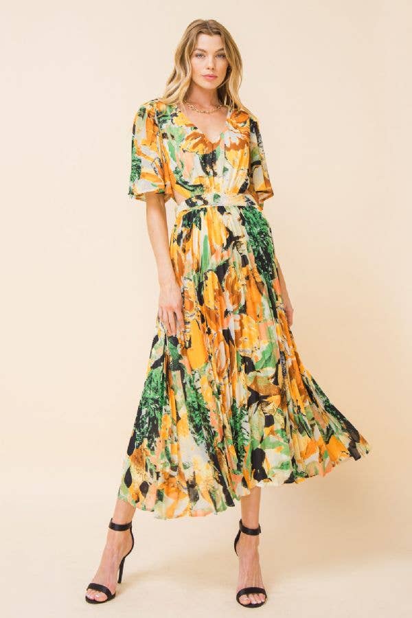 a woman in a dress holding a purse