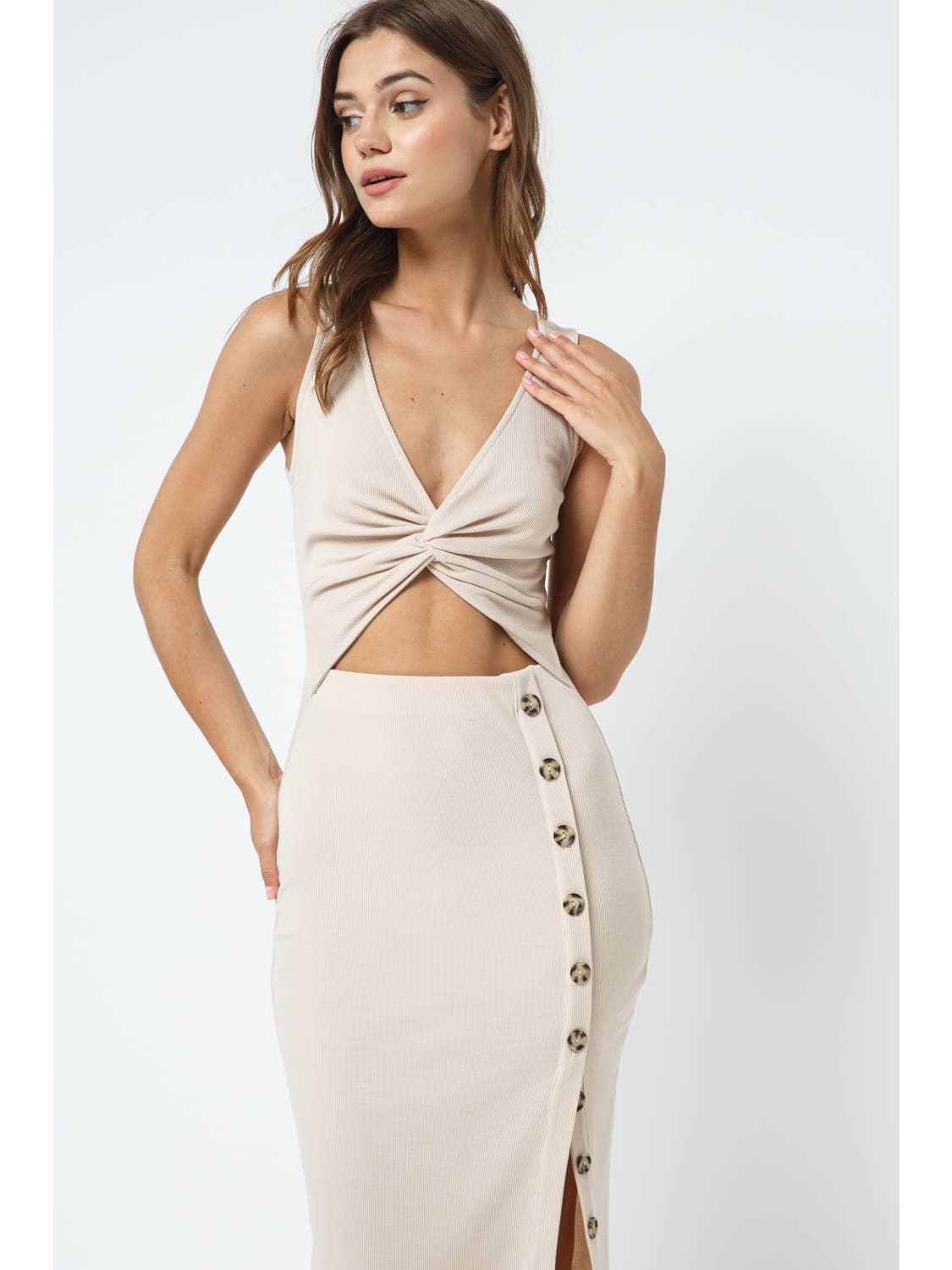 Kendra Twist Front Ribbed Midi Dress