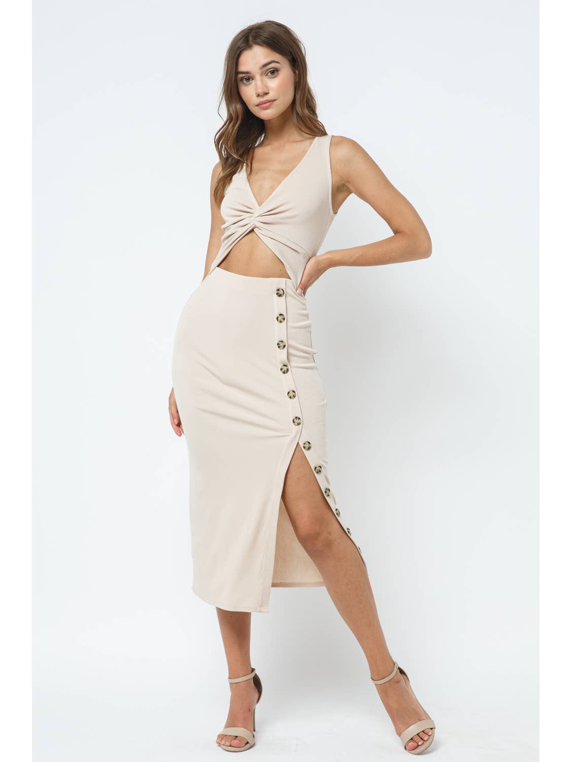 Kendra Twist Front Ribbed Midi Dress