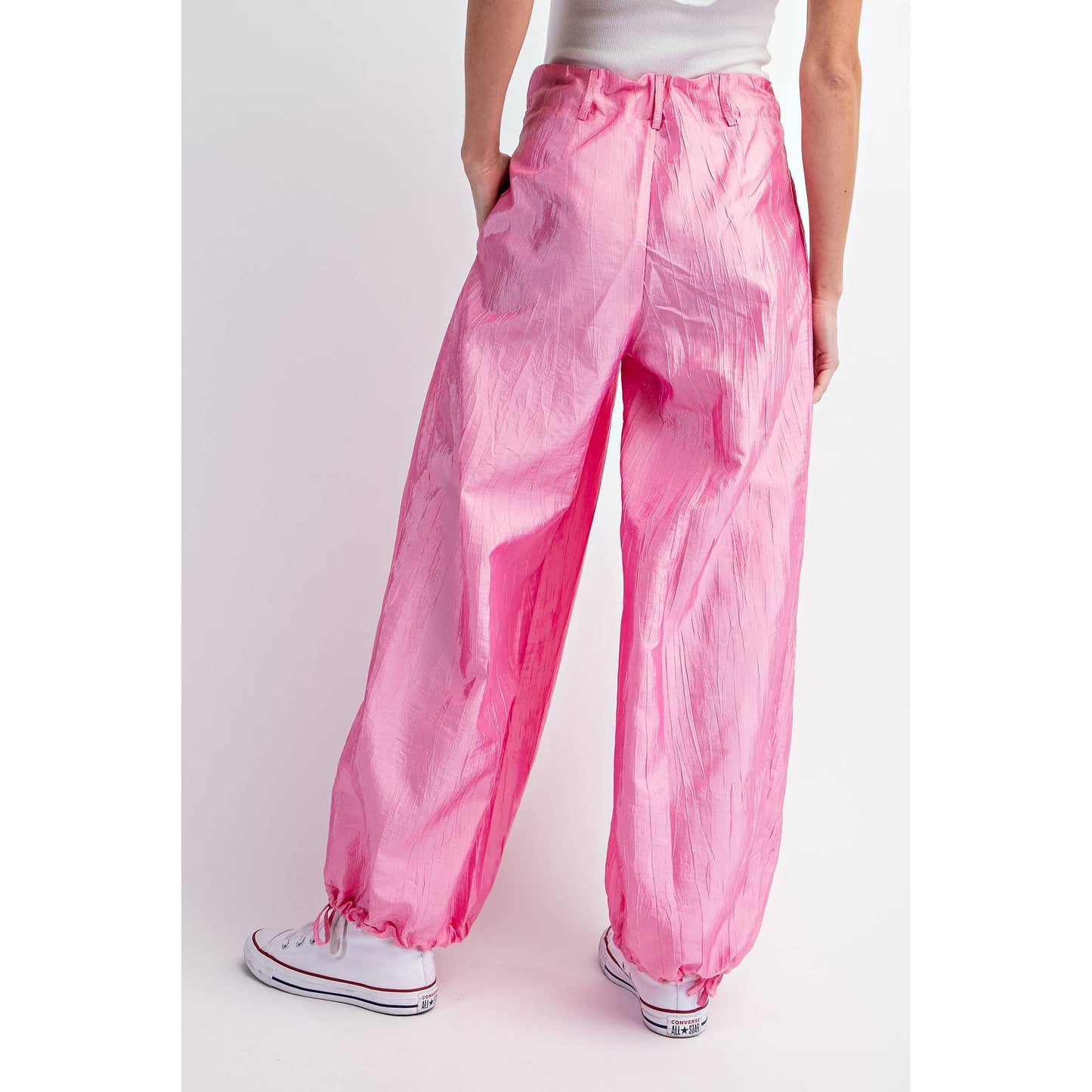 SHINY CRINKLED PARACHUTE WIDE PANTS - LVC5249: PINK / S