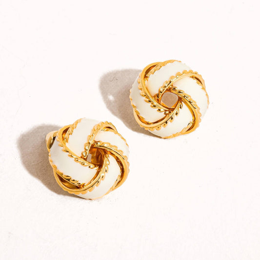 Astor 18K Gold Basket Weaved Ball Studs: White