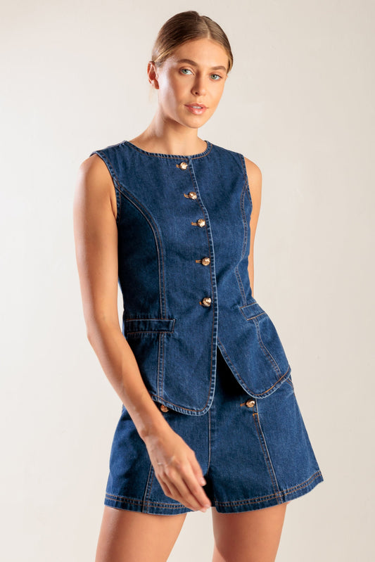 Drive In Movie Button Front Denim Vest