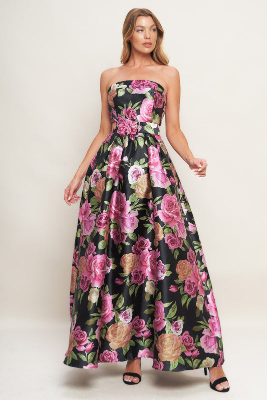 Black Floral Satin Maxi Gown