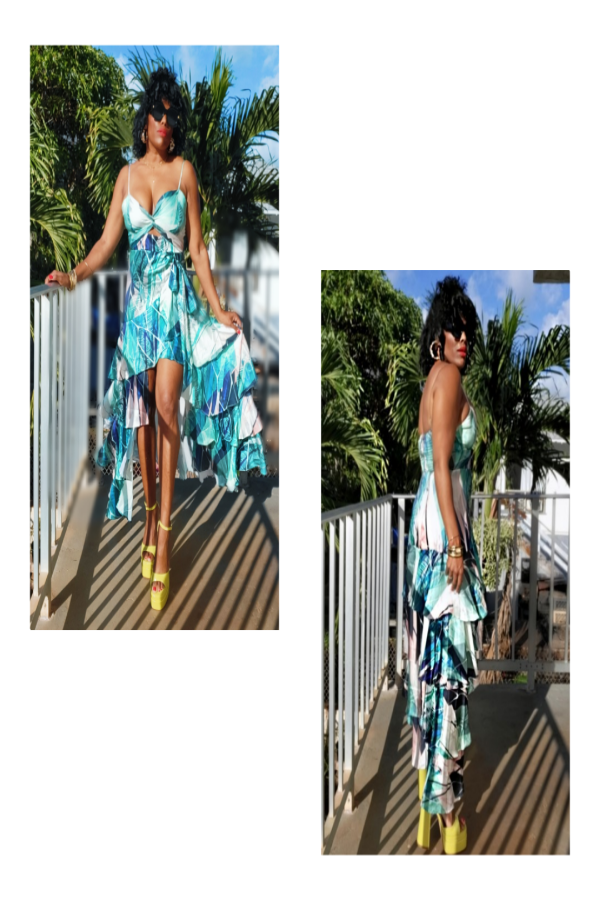 Blue Tropics Keyhole Ruffle Dress