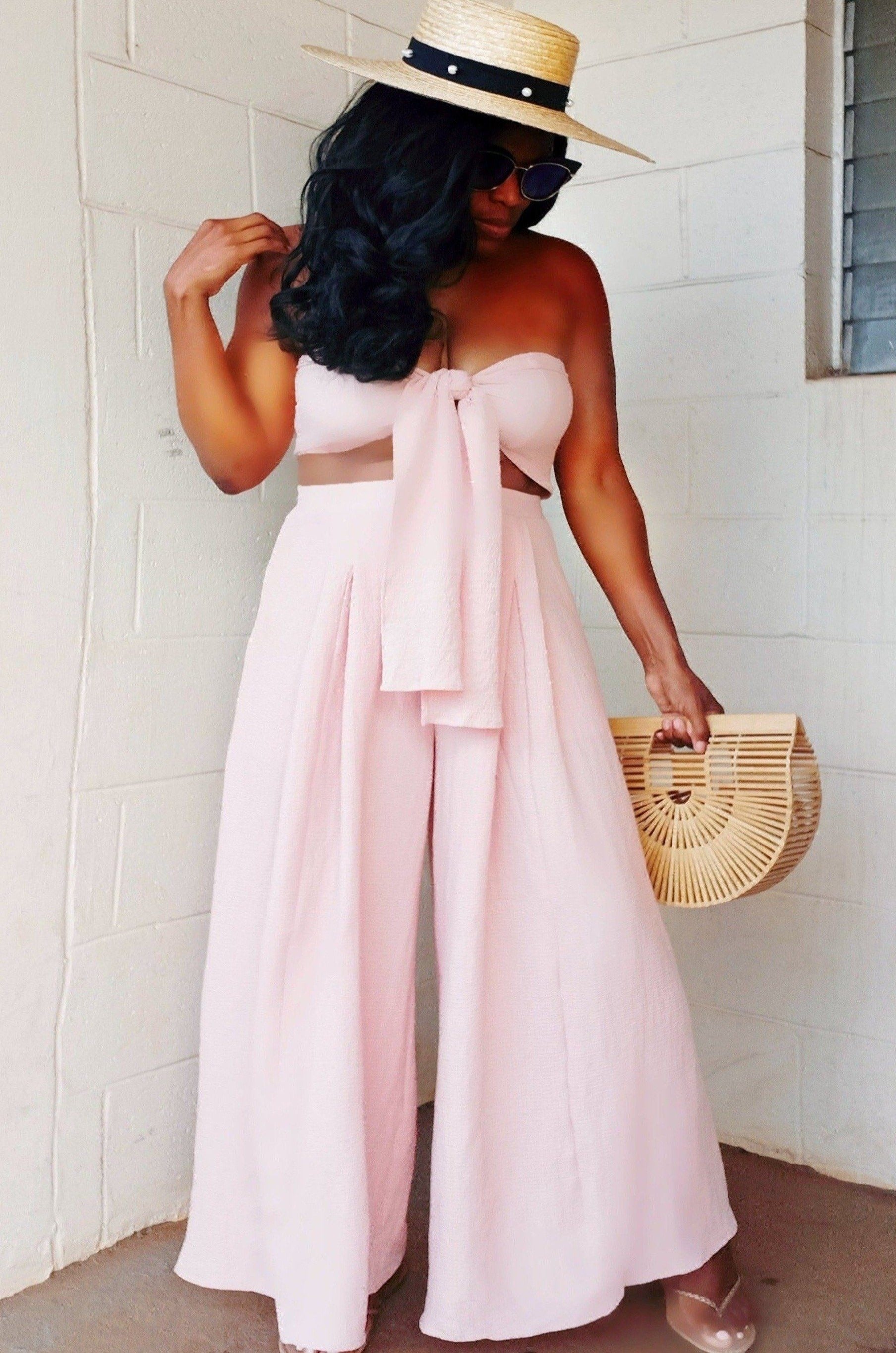 Sets, Pink Sets, Resort, Front Tie Smocked Tube with  Wide Leg Pant