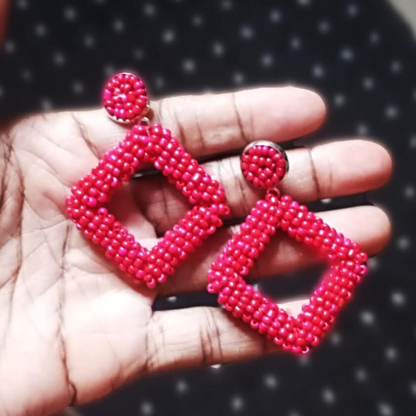Festive Red Seed Bead Diamond Earrings