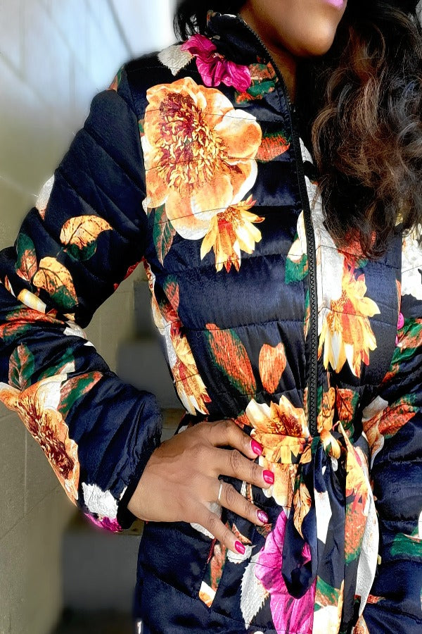 Outerwear, Tops, Jackets, Women's Puffer Jacket, Full Blooms Floral Puffer Jacket 
