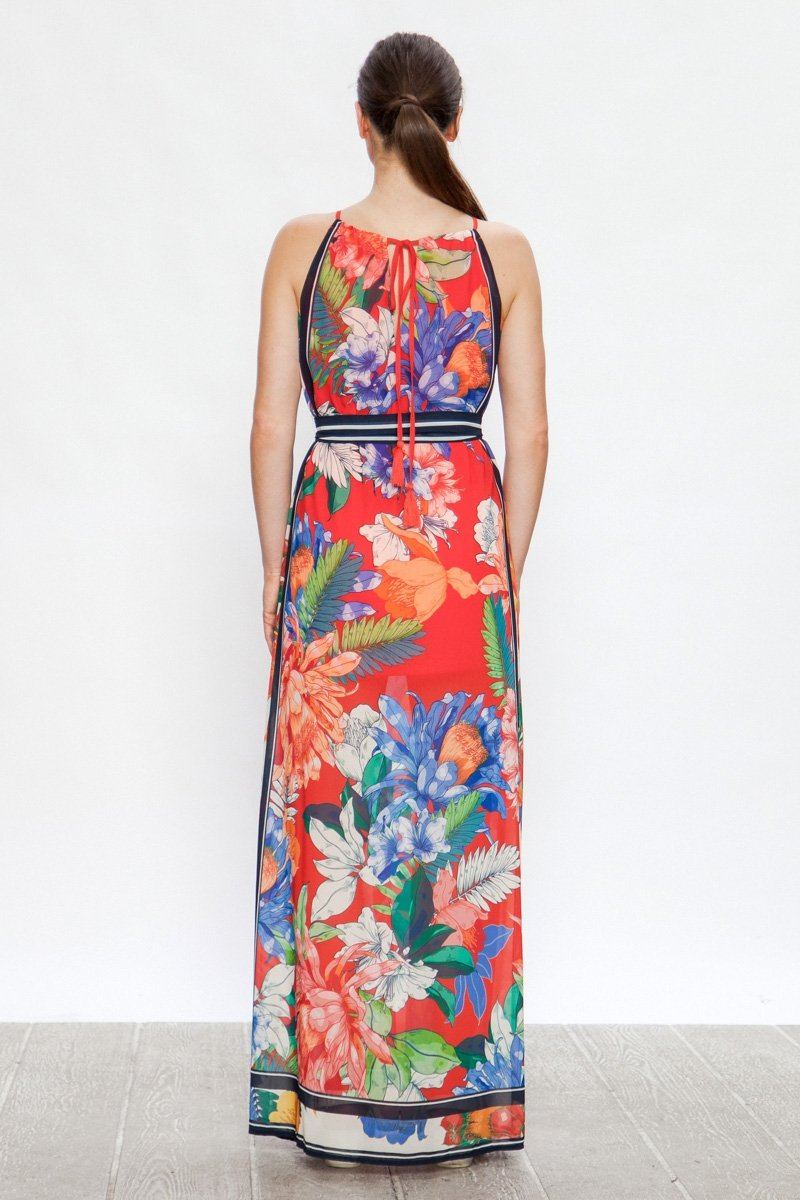Tropical Blooms Chiffon Halter Dress in Red Multi Dresses Yen Store US 