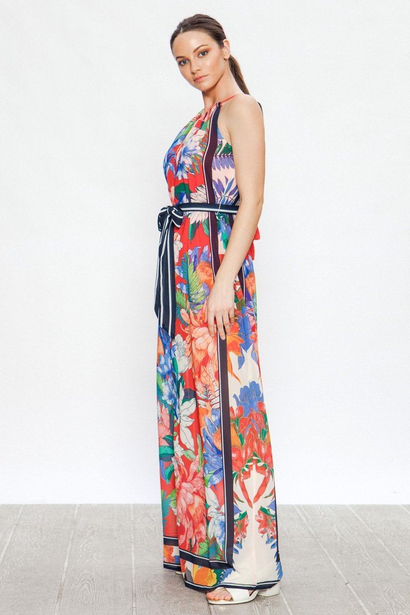 Tropical Blooms Chiffon Halter Dress in Red Multi Dresses Yen Store US 