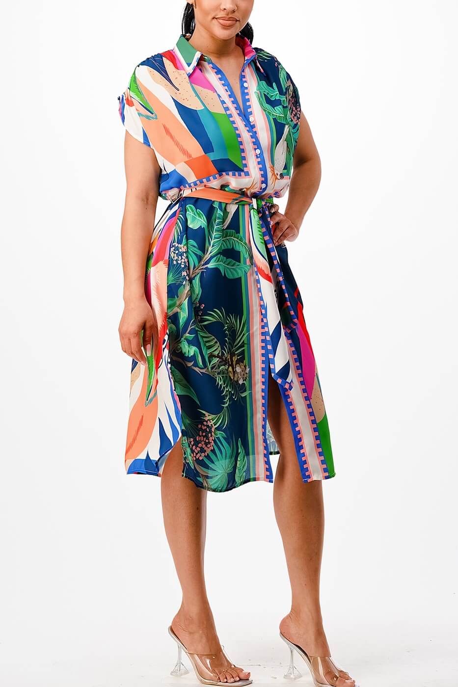Dresses, Casual Dress, Weekend Dresses, Vacation Dress, Barbados Abstract Tropical Print Midi Dress, Shop Yen US