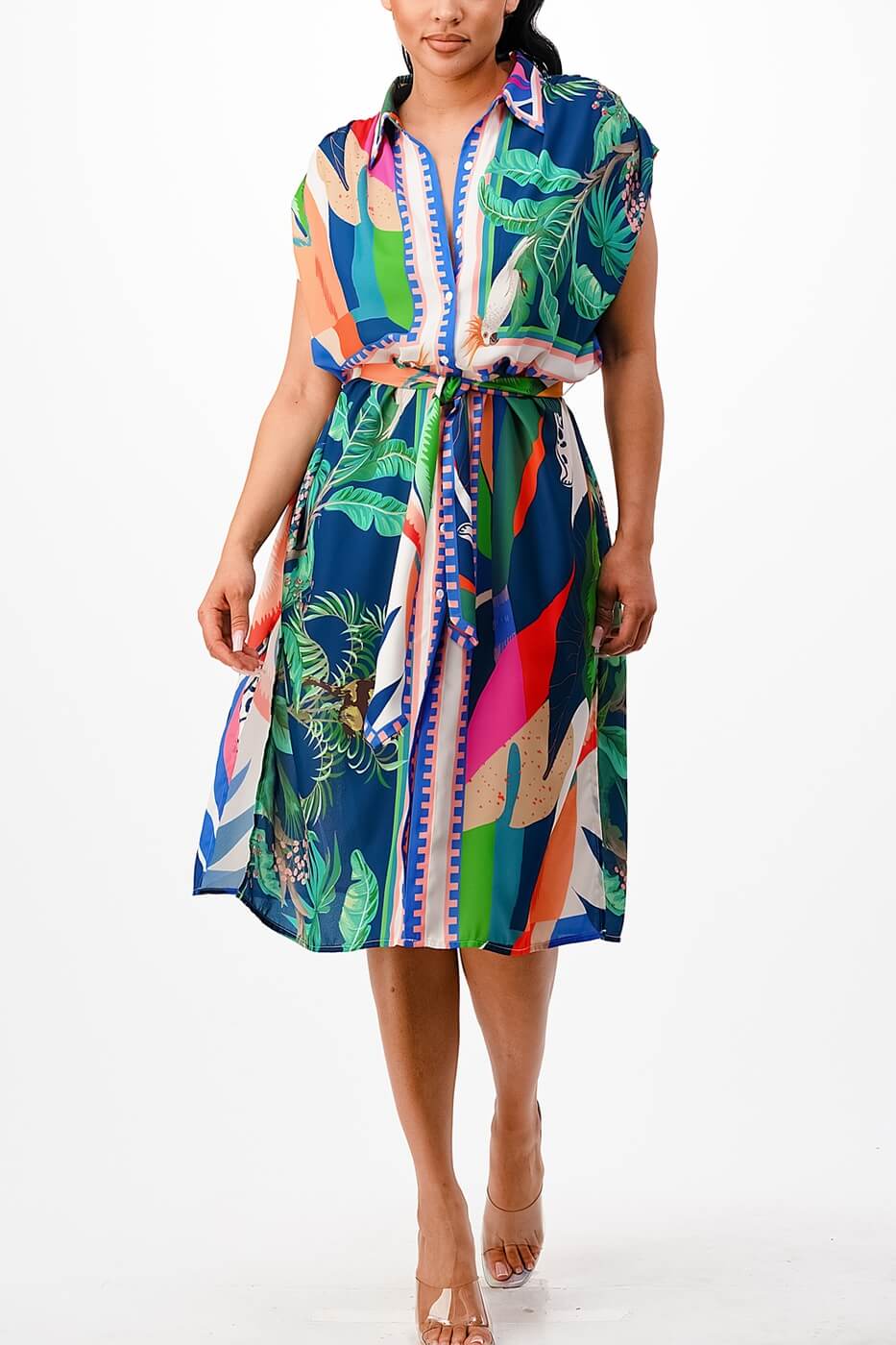 Dresses, Casual Dress, Weekend Dresses, Vacation Dress, Barbados Abstract Tropical Print Midi Dress, Shop Yen US