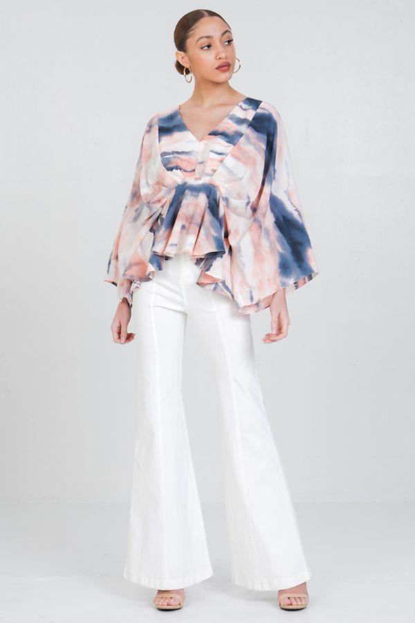 Sunset Ombre Tie Dye V Neck Kimono Top Tops & Blouses Yen Store US 