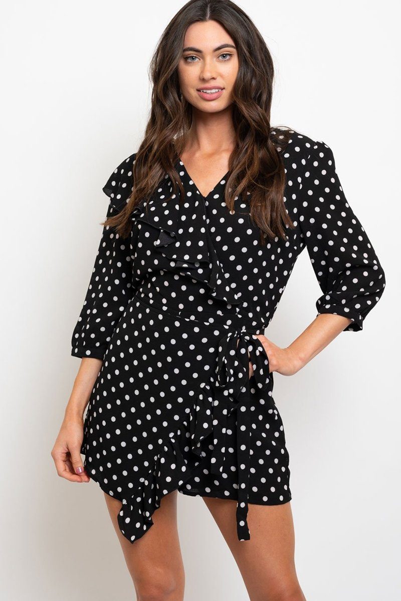 Ruffle Front Polka Dot Romper With Wrap Detail Yen Store US 