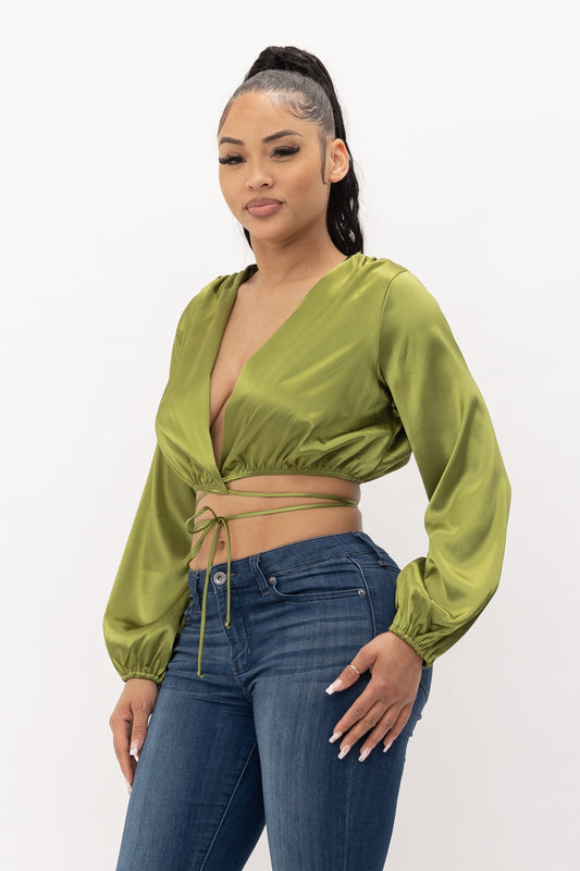 Story Of Love Front Wrap Tie Top Olive