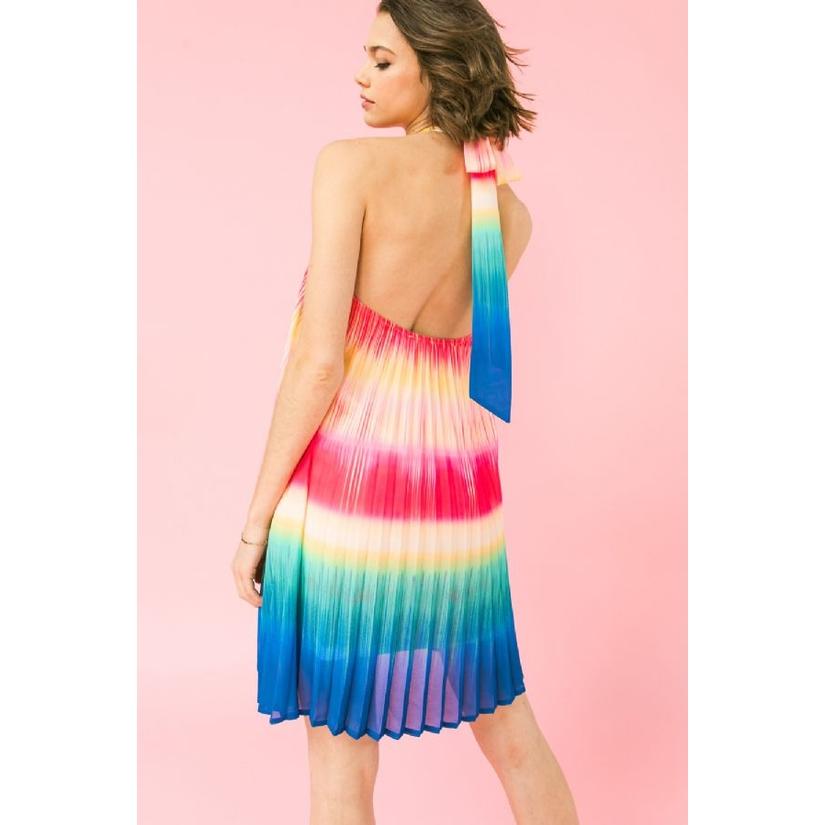 Rainbow Pleated Halter Dress Dresses FLYING TOMATO 