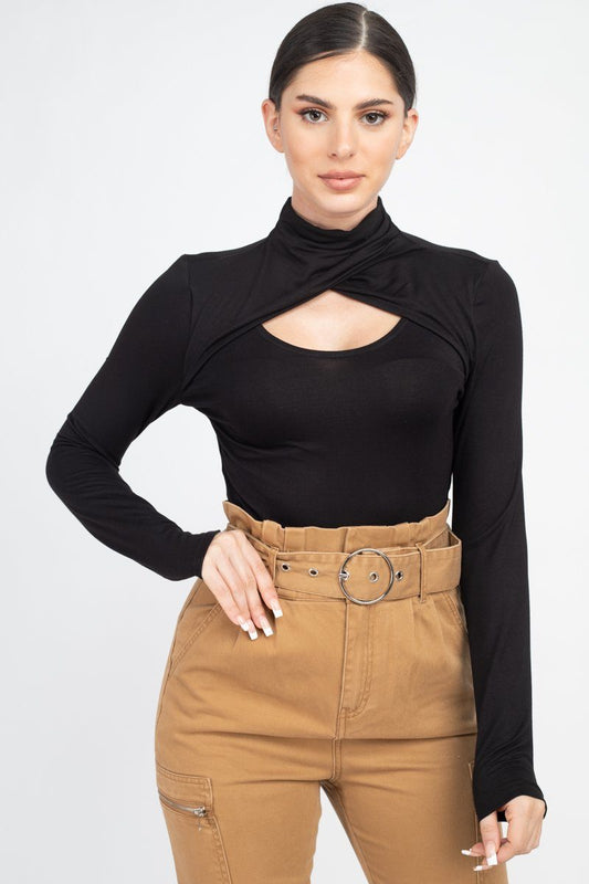 Wrap Mock Neck Long Sleeve Cut Out Top Yen Store US 