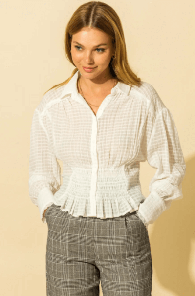 White Tops, Tops, In Charge Smocked Peplum Blouse