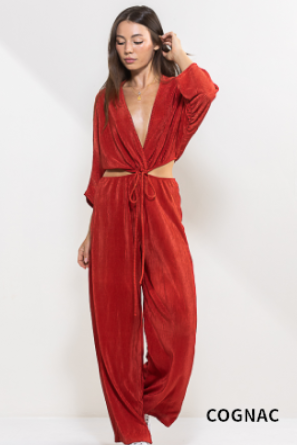 All In One Pleated Cut Out Jumpsuit (Red,Purple)