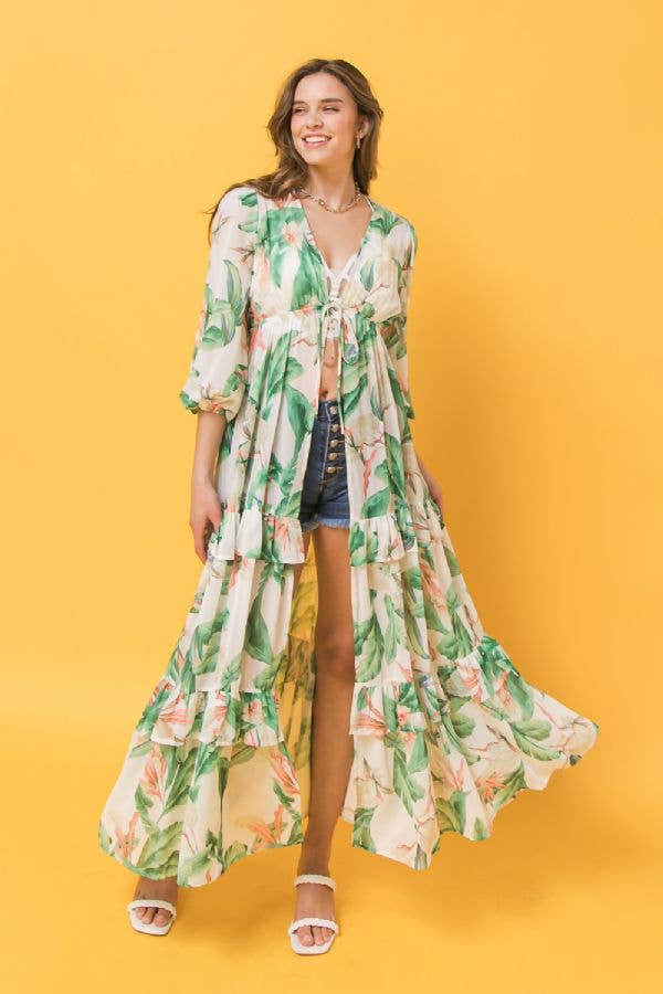 Tropical Print Tie Front Tiered Duster