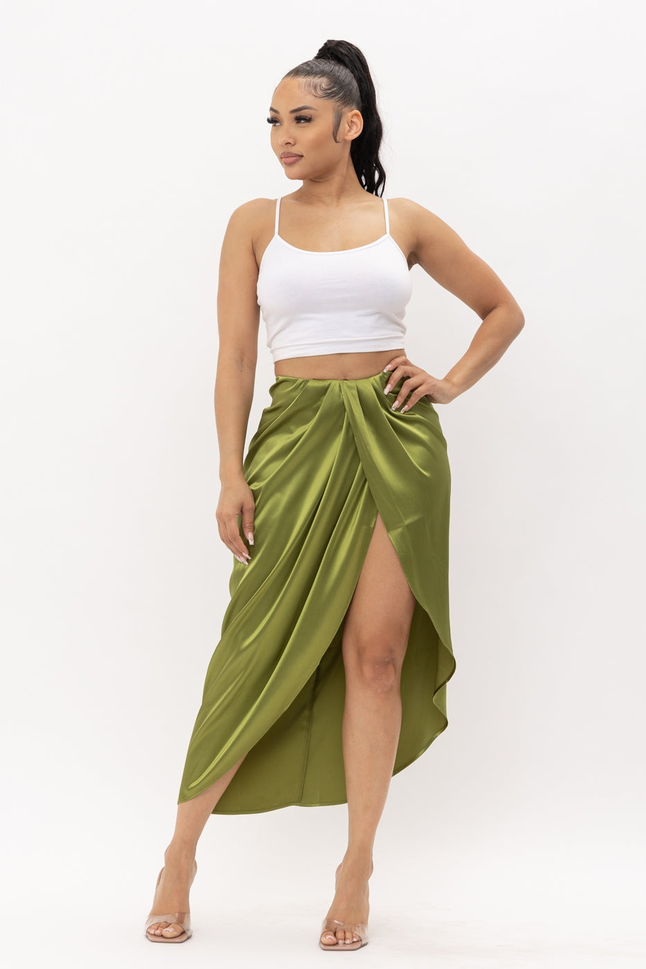Bottoms, Women's Skirts, Wrap Skirt, Green Skirt, Olive Green, Satin Skirt
