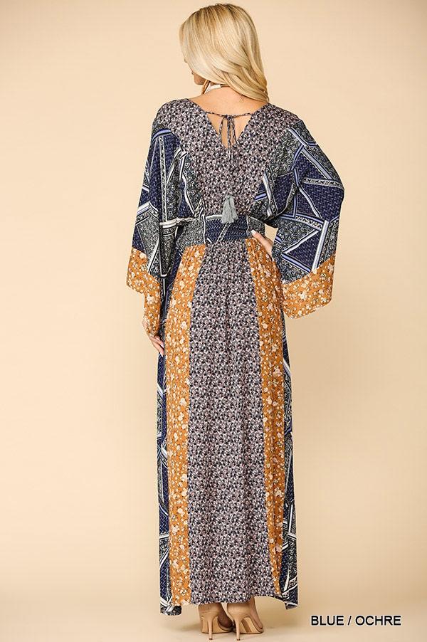 Serena Patchwork Print Maxi Dress - Navy/Golden Dresses Yen Store US 