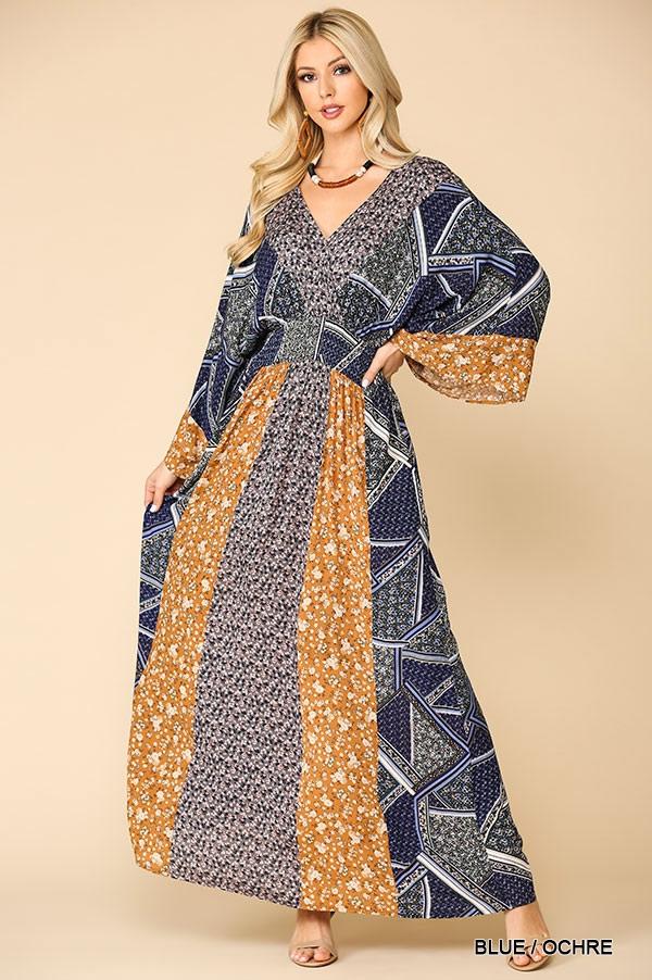 Serena Patchwork Print Maxi Dress - Navy/Golden Dresses Yen Store US 